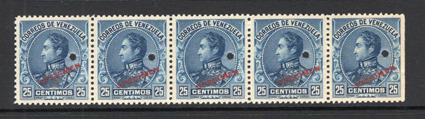 VENEZUELA - 1899 - SPECIMENS: 25c blue 'Bolivar' issue, a fine strip of five each stamp overprinted 'SPECIMEN' in red and with small hole punch. Ex ABNCo. Archive. (SG 181)  (VEN/41019)