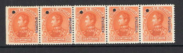 VENEZUELA - 1899 - SPECIMENS: 50c orange 'Bolivar' issue, a fine strip of five each stamp overprinted 'SPECIMEN' in red and with small hole punch. Ex ABNCo. Archive. (SG 183)  (VEN/41020)