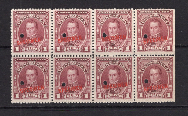 VENEZUELA - 1904 - SPECIMENS: 1b claret 'Bolivar' issue, a fine block of eight each stamp overprinted 'SPECIMEN' in red and with small hole punch. Ex ABNCo. Archive. (SG 321)  (VEN/41021)