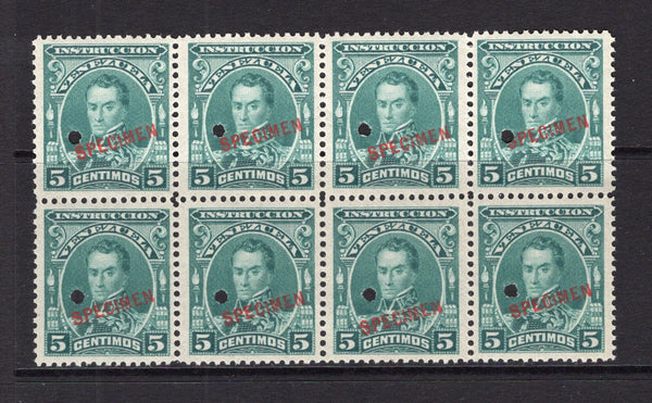VENEZUELA - 1904 - SPECIMENS: 5c green 'Bolivar' issue, a fine block of eight each stamp overprinted 'SPECIMEN' in red and with small hole punch. Ex ABNCo. Archive. (SG 317)  (VEN/41022)