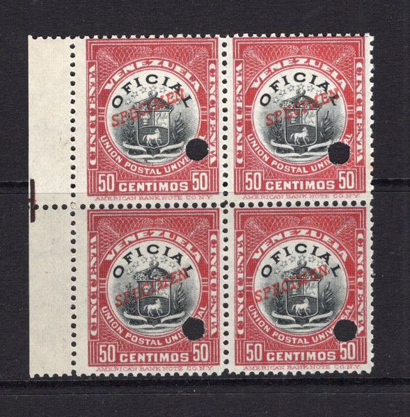 VENEZUELA - 1904 - SPECIMENS: 50c black & brown red 'Official' issue, a fine block of four each stamp overprinted 'SPECIMEN' in red and with small hole punch. Ex ABNCo. Archive. (SG O328a)  (VEN/41023)