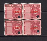 VENEZUELA - 1937 - REVENUE & SPECIMEN: 50b red 'Timbre Fiscal' REVENUE issue, a fine block of four, each stamp overprinted 'SPECIMEN' in red and with small hole punch. Ex ABNCo. Archive. (Blanco #219)  (VEN/41025)