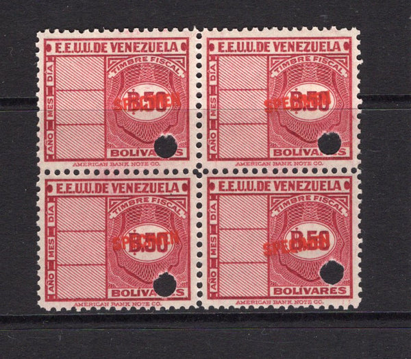 VENEZUELA - 1937 - REVENUE & SPECIMEN: 50b red 'Timbre Fiscal' REVENUE issue, a fine block of four, each stamp overprinted 'SPECIMEN' in red and with small hole punch. Ex ABNCo. Archive. (Blanco #219)  (VEN/41025)