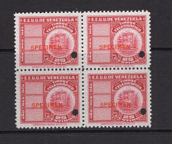 VENEZUELA - 1940 - TELEGRAPH & SPECIMEN: 25c red 'Timbre Telegrafico' TELEGRAPH issue, a fine block of four, each stamp overprinted 'SPECIMEN' in red and with small hole punch. Ex ABNCo. Archive. (Barefoot #20)  (VEN/41026)