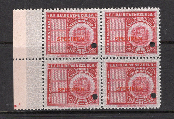 VENEZUELA - 1940 - TELEGRAPH & SPECIMEN: 25c red 'Timbre Telegrafico' TELEGRAPH issue, a fine side marginal block of four, each stamp overprinted 'SPECIMEN' in red and with small hole punch. Ex ABNCo. Archive. (Barefoot #20)  (VEN/41027)