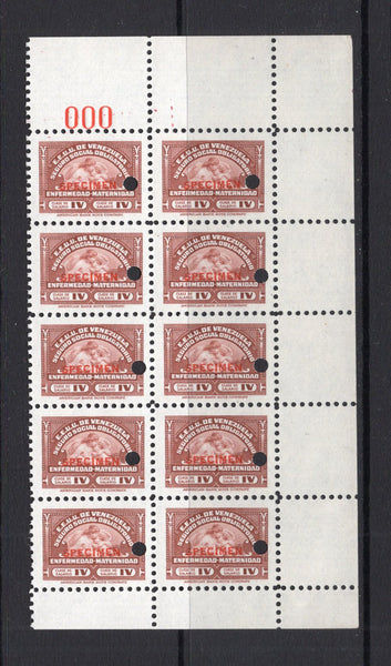 VENEZUELA - 1940 - REVENUE & SPECIMEN: Circa 1946. Red brown 'Seguro Social Obligatorio' REVENUE stamp inscribed 'Enfermedad Maternidad' and 'Class de Salario IV'. A fine marginal block of ten each stamp overprinted 'SPECIMEN' in red and with small hole punch and red '000' number in margin. Ex ABNCo. Archive.  (VEN/41032)