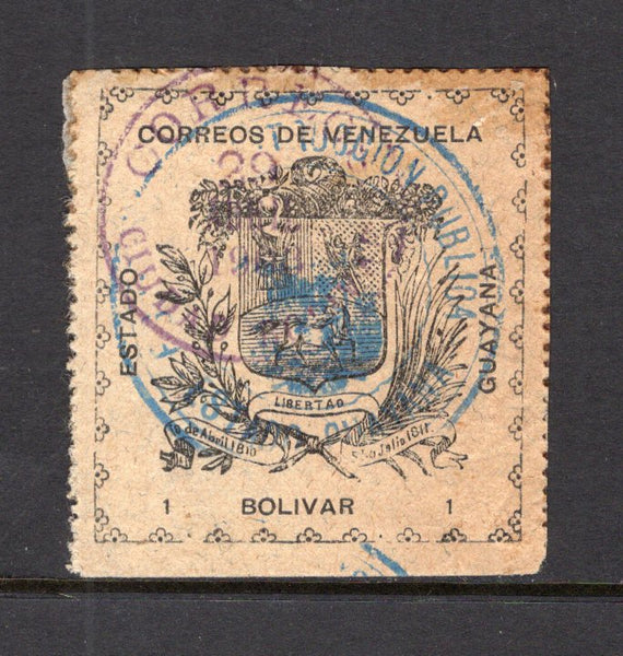 VENEZUELA - 1903 - CIVIL WAR ISSUES - GUAYANA: 1b black on grey GUAYANA 'Large' type with large 'FISCALIA DE INSTRUCCION PUBLICA ESTADO GUAYANA' control mark in blue. A fine used copy with CORREO CIUDAD BOLIVAR cds in purple dated 29 ABRIL 1903. Scarce. (SG 259)  (VEN/41563)