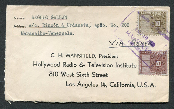 VENEZUELA - 1949 - POSTAL FISCALS: Cover franked with 1945 10c bistre and 20c brown 'Timbre Fiscal' REVENUE issue used for postage tied by large boxed MARACAIBO cancel dated ENE 10 1949. Addressed to USA.  (VEN/4257)