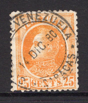 VENEZUELA - 1880 - FOREIGN MAIL ISSUE: 25c yellow 'Foreign Mail' issue on thin paper, first printing, a fine used copy with CARACAS cds dated 14 DEC 1880. (SG 104)  (VEN/6940)