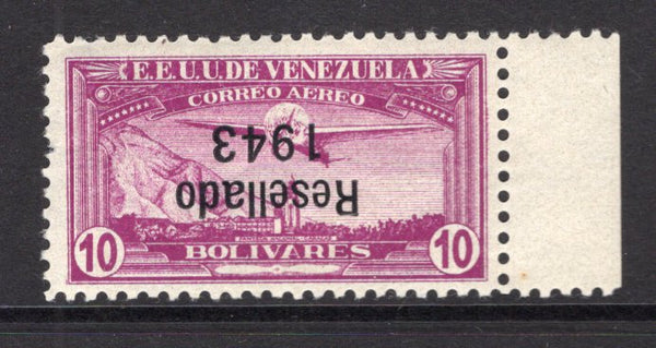 VENEZUELA - 1943 - VARIETY: 10b bright purple AIR issue, a fine mint side marginal copy with variety 'RESELLADO 1943' OVERPRINT INVERTED. Scarce. (SG 677a)  (VEN/7295)