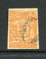 VENEZUELA - 1859 - CLASSIC ISSUES: ½r red orange 'First' issue, coarse impression a fine four margin copy used with complete strike of unframed '0' numeral cancel. (SG 7)  (VEN/7498)