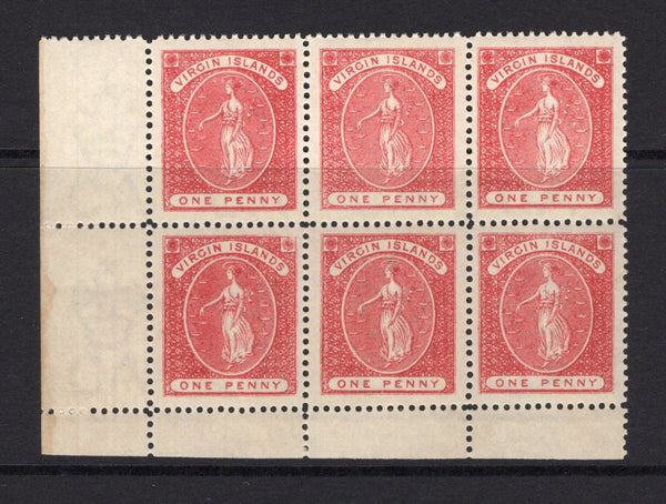 VIRGIN ISLANDS - 1887 - MULTIPLE: 1d red 'St. Ursula' issue, watermark 'Crown CA' a fine mint corner marginal block of six. (SG 32)  (VIR/16577)