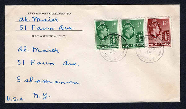 VIRGIN ISLANDS - 1938 - GVI ISSUE: Cover franked with 1938 pair ½d green and 1½d red brown GVI issue (SG 110 & 112) tied by ROAD-TOWN TORTOLA cds's. Addressed to USA.  (VIR/23114)