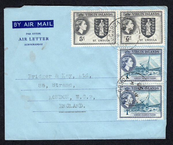 VIRGIN ISLANDS - 1958 - CANCELLATION: Airletter franked with 1956 pair 1c turquoise blue & slate and pair 5c grey black QE2 issue (SG 150 & 154) tied by VIRGIN GORDA cds's. Addressed to UK. No message.  (VIR/23122)