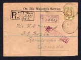 VIRGIN ISLANDS - 1912 - REGISTRATION: Registered 'On His Majesty's Service' envelope franked with Leeward Islands 1907 3d purple on yellow EVII issue (SG 41) tied by ROAD-TOWN cds with nice boxed 'ROAD TOWN TORTOLA V.I.' registration marking. Addressed to CANADA sent via ST THOMAS with additional boxed 'ST THOMAS' registration handstamp in purple on front. Various transit & arrival marks on reverse.  (VIR/24151)