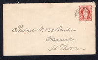 VIRGIN ISLANDS - 1901 - POSTAL STATIONERY: 1d red brown on light buff postal stationery envelope (H&G B1a) used with TORTOLA cds dated MAY 27 1902. Addressed to ST. THOMAS with arrival cds on reverse. Very fine.  (VIR/27398)