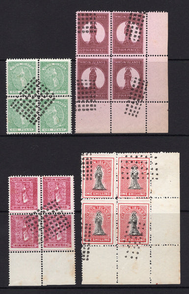 VIRGIN ISLANDS - 1867 - FORGERIES: 1d yellowish green, 4d lake red on pale rose, 6d rose and 1/- black & rose carmine 'St Ursula' issue lithographed 'Spiro' FORGERIES in fine 'used' blocks of four. (As SG 8, 10, 11 & 15)  (VIR/31277)