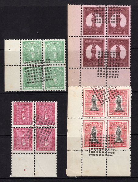 VIRGIN ISLANDS - 1867 - FORGERIES: 1d yellowish green, 4d lake red on pale rose, 6d rose and 1/- black & rose carmine 'St Ursula' issue lithographed 'Spiro' FORGERIES in fine 'used' blocks of four. (As SG 8, 10, 11 & 15)  (VIR/31278)