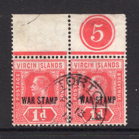 VIRGIN ISLANDS - 1916 - MULTIPLE: 1d pale red on bluish GV issue with 'WAR TAX' overprint, a fine used top marginal pair with '5' Plate number in margin fine used with TORTOLA cds dated FEB 13 1918. (SG 78b)  (VIR/31387)