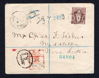 VIRGIN ISLANDS - 1899 - REGISTRATION: Registered cover franked with single 1899 4d brown (SG 46) tied by barred numeral 'A91' cancel with VIRGIN ISLANDS cds dated JUL 31 1899 alongside with 'R' in oval and boxed registration marking in red alongside. Addressed to NOVA SCOTIA, CANADA with ST THOMAS and USA transit cds's and CANADA arrival cds on reverse. Very scarce.  (VIR/35627)