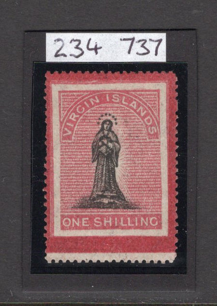 VIRGIN ISLANDS - 1867 - CLASSIC ISSUES: 1/- black & rose carmine on greyish paper, perf 15, position 17 in the sheet. A fine looking unused example without gum. 2022 RPSL certificate accompanies stating 'lightly soiled'. (SG 20)  (VIR/39320)