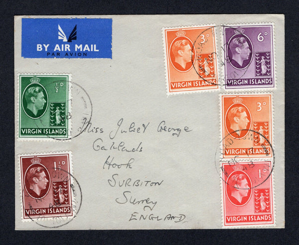 VIRGIN ISLANDS - 1948 - AIRMAIL: Cover franked with 1938 ½d green, 1d scarlet, 1½d red brown, 2 x 3d orange and 6d mauve GVI issue (SG 110/112, 115 & 116) all tied by ROAD TOWN cds's with blue airmail label at top left. Addressed to UK. Nice commercial franking.  (VIR/4012)