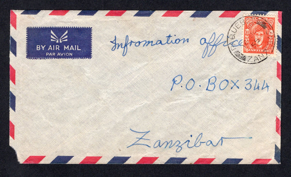 ZANZIBAR - 1955 - MARITIME & CANCELLATION: Airmail cover franked with 1952 10c red orange (SG 340) tied by fine PAQUEBOT ZANZIBAR cds. Addressed to STONE TOWN.  (ZAN/23216)