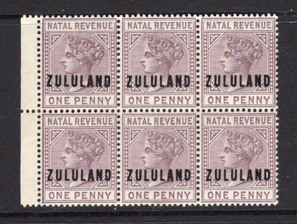 ZULULAND - 1893 - MULTIPLE: 1d dull mauve QV REVENUE issue of Natal with 'ZULULAND' overprint, a fine mint side marginal block of six. (SG F1)  (ZUL/16791)