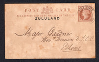 ZULULAND - 1897 - POSTAL STATIONERY: ½d brown on buff QV postal stationery card of Great Britain with 'ZULULAND' overprint (H&G 1a) with printed 'Diamond Jubilee Commemoration Committee' message on reverse used with ESHOWE cds. Addressed locally to 'Major Gardner, Hon Treasurer D.J.C.C. Eshowe'. Card has heavy overall toning but scarce.  (ZUL/23217)