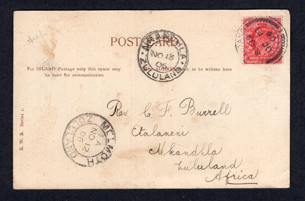 ZULULAND - 1906 - CANCELLATION: Incoming PPC from Great Britain franked with 1902 1d scarlet EVII issue (SG 219) tied by SEADRANG cds. Addressed to 'Rev C F Burrell, Etalameni, Nkandhla, Zululand, Africa' with MELMOTH ZULULAND transit and NKANDHLA ZULULAND arrival cds's on front. Scarce.  (ZUL/23218)