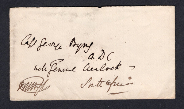 ZULULAND - 1879 - ANGLO ZULU WAR & MILITARY MAIL: Small stampless envelope addressed to 'Capt George Byng DC with General Crealock, South Africa' with manuscript 'Rec. 5 7, 79 Saturday mail out' on reverse. Captain Byng and General Crealock were involved in the second invasion & defeat of the Zulus and this letter would have been received shortly after the 'Battle of Ulundi' on the 4th July 1879. A rare early incoming item.  (ZUL/23219)
