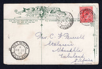 ZULULAND - 1907 - CANCELLATION: Incoming PPC from Great Britain franked with 1902 1d scarlet EVII issue (SG 219) tied by ST ALBANS cds dated JAN 31 1907. Addressed to 'Rev C F Burrell, Etalameni, Nkandhla, Zululand, S. Africa' with superb MELMOTH ZULULAND transit and NKANDHLA ZULULAND arrival cds's on front. Scarce.  (ZUL/38087)